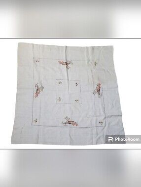 Vintage Hand Embroidered Linen Tablecloth Cross Stitch Asian Inspired As Is Nice